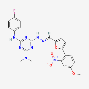 molecular formula C23H21FN8O4 B11526452 N'-(4-fluorophenyl)-6-[(2E)-2-{[5-(4-methoxy-2-nitrophenyl)furan-2-yl]methylidene}hydrazinyl]-N,N-dimethyl-1,3,5-triazine-2,4-diamine 