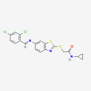 molecular formula C19H15Cl2N3OS2 B11526664 N-cyclopropyl-2-[(6-{[(E)-(2,4-dichlorophenyl)methylidene]amino}-1,3-benzothiazol-2-yl)sulfanyl]acetamide 