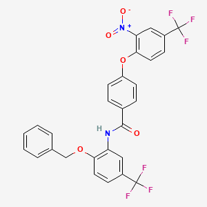 molecular formula C28H18F6N2O5 B11526890 N-[2-(benzyloxy)-5-(trifluoromethyl)phenyl]-4-[2-nitro-4-(trifluoromethyl)phenoxy]benzamide 