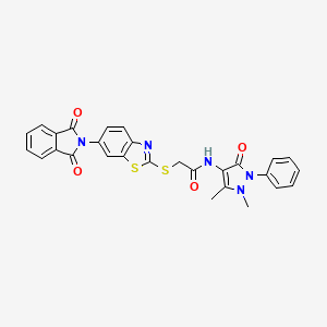 molecular formula C28H21N5O4S2 B11527658 N-(1,5-dimethyl-3-oxo-2-phenyl-2,3-dihydro-1H-pyrazol-4-yl)-2-{[6-(1,3-dioxo-1,3-dihydro-2H-isoindol-2-yl)-1,3-benzothiazol-2-yl]sulfanyl}acetamide 