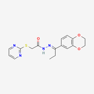 molecular formula C17H18N4O3S B11527673 N'-[(1E)-1-(2,3-dihydro-1,4-benzodioxin-6-yl)propylidene]-2-(pyrimidin-2-ylsulfanyl)acetohydrazide 