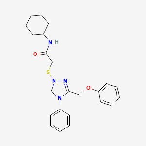 molecular formula C23H28N4O2S B11527922 N-cyclohexyl-2-{[3-(phenoxymethyl)-4-phenyl-4,5-dihydro-1H-1,2,4-triazol-1-yl]sulfanyl}acetamide 