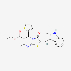 molecular formula C24H21N3O3S2 B11528578 ethyl (2E)-7-methyl-2-[(2-methyl-1H-indol-3-yl)methylidene]-3-oxo-5-(thiophen-2-yl)-2,3-dihydro-5H-[1,3]thiazolo[3,2-a]pyrimidine-6-carboxylate 