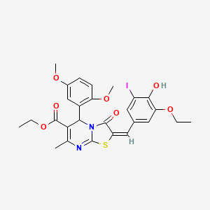 molecular formula C27H27IN2O7S B11528989 ethyl (2E)-5-(2,5-dimethoxyphenyl)-2-(3-ethoxy-4-hydroxy-5-iodobenzylidene)-7-methyl-3-oxo-2,3-dihydro-5H-[1,3]thiazolo[3,2-a]pyrimidine-6-carboxylate 