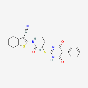 molecular formula C23H22N4O3S2 B11529085 N-(3-cyano-4,5,6,7-tetrahydro-1-benzothiophen-2-yl)-2-[(4,6-dioxo-5-phenyl-1,4,5,6-tetrahydropyrimidin-2-yl)sulfanyl]butanamide 
