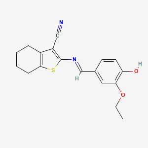 molecular formula C18H18N2O2S B11529327 Benzothiophene-3-carbonitrile, 4,5,6,7-tetrahydro-2-(3-ethoxy-4-hydroxybenzylidenamino)- 
