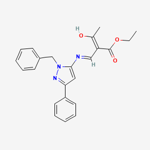 molecular formula C23H23N3O3 B11529395 ethyl (2Z)-2-{[(1-benzyl-3-phenyl-1H-pyrazol-5-yl)amino]methylidene}-3-oxobutanoate 