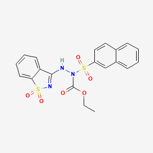 molecular formula C20H17N3O6S2 B11529952 Ethyl 2-(1,1-dioxido-1,2-benzothiazol-3-yl)-1-(naphthalen-2-ylsulfonyl)hydrazinecarboxylate CAS No. 326903-75-7