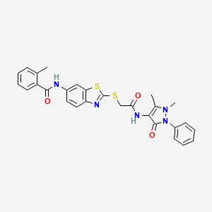 molecular formula C28H25N5O3S2 B11530274 N-[2-({2-[(1,5-dimethyl-3-oxo-2-phenyl-2,3-dihydro-1H-pyrazol-4-yl)amino]-2-oxoethyl}sulfanyl)-1,3-benzothiazol-6-yl]-2-methylbenzamide 