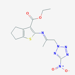 molecular formula C14H16N6O4S B11531322 ethyl 2-{[(2E)-1-(5-nitro-2H-tetrazol-2-yl)propan-2-ylidene]amino}-5,6-dihydro-4H-cyclopenta[b]thiophene-3-carboxylate 