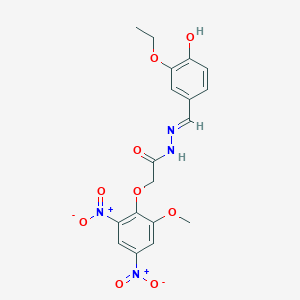 molecular formula C18H18N4O9 B11531364 N'-[(E)-(3-ethoxy-4-hydroxyphenyl)methylidene]-2-(2-methoxy-4,6-dinitrophenoxy)acetohydrazide 