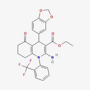 molecular formula C26H23F3N2O5 B11531518 Ethyl 2-amino-4-(1,3-benzodioxol-5-yl)-5-oxo-1-[2-(trifluoromethyl)phenyl]-1,4,5,6,7,8-hexahydroquinoline-3-carboxylate 