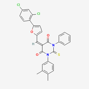 molecular formula C29H20Cl2N2O3S B11531617 (5E)-5-{[5-(2,4-dichlorophenyl)furan-2-yl]methylidene}-1-(3,4-dimethylphenyl)-3-phenyl-2-thioxodihydropyrimidine-4,6(1H,5H)-dione 