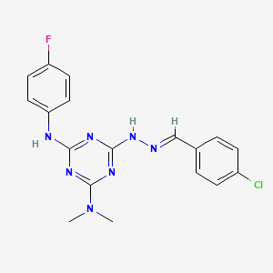 molecular formula C18H17ClFN7 B11531852 6-[(2E)-2-(4-chlorobenzylidene)hydrazinyl]-N'-(4-fluorophenyl)-N,N-dimethyl-1,3,5-triazine-2,4-diamine 