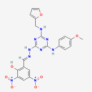 molecular formula C22H19N9O7 B11531903 2-[(E)-(2-{4-[(furan-2-ylmethyl)amino]-6-[(4-methoxyphenyl)amino]-1,3,5-triazin-2-yl}hydrazinylidene)methyl]-4,6-dinitrophenol 