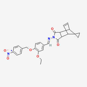 molecular formula C27H25N3O6 B11532018 2-[((1E)-{3-Ethoxy-4-[(4-nitrobenzyl)oxy]phenyl}methylene)amino]-3A,4,7,7A-tetrahydro-1H-spiro[2-aza-4,7-methanoisoindole-8,1'-cyclopropane]-1,3(2H)-dione 