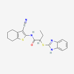 molecular formula C20H20N4OS2 B11533767 2-(1H-benzimidazol-2-ylsulfanyl)-N-(3-cyano-4,5,6,7-tetrahydro-1-benzothiophen-2-yl)butanamide 