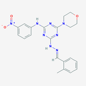 molecular formula C21H22N8O3 B11534019 4-[(2E)-2-(2-methylbenzylidene)hydrazinyl]-6-(morpholin-4-yl)-N-(3-nitrophenyl)-1,3,5-triazin-2-amine 