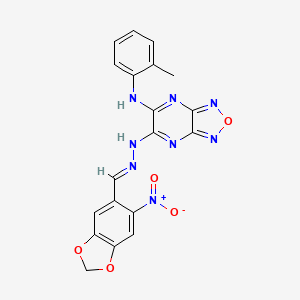 molecular formula C19H14N8O5 B11534107 N-(2-methylphenyl)-6-{(2E)-2-[(6-nitro-1,3-benzodioxol-5-yl)methylidene]hydrazinyl}[1,2,5]oxadiazolo[3,4-b]pyrazin-5-amine 