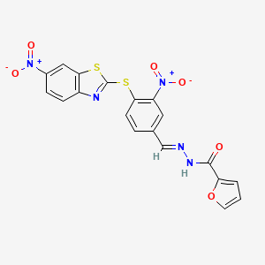molecular formula C19H11N5O6S2 B11534127 N'-[(E)-{3-nitro-4-[(6-nitro-1,3-benzothiazol-2-yl)sulfanyl]phenyl}methylidene]furan-2-carbohydrazide 