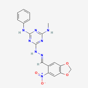 molecular formula C18H16N8O4 B11534245 N-methyl-6-{(2E)-2-[(6-nitro-1,3-benzodioxol-5-yl)methylidene]hydrazinyl}-N'-phenyl-1,3,5-triazine-2,4-diamine 