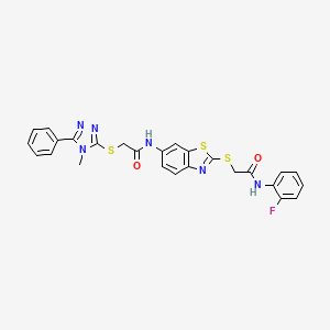 molecular formula C26H21FN6O2S3 B11534969 N-[2-({2-[(2-fluorophenyl)amino]-2-oxoethyl}sulfanyl)-1,3-benzothiazol-6-yl]-2-[(4-methyl-5-phenyl-4H-1,2,4-triazol-3-yl)sulfanyl]acetamide 