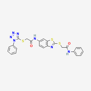 molecular formula C24H19N7O2S3 B11536595 N-(2-Phenylcarbamoylmethylsulfanyl-benzothiazol-6-yl)-2-(1-phenyl-1H-tetrazol-5-ylsulfanyl)-acetamide 