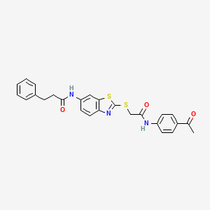 molecular formula C26H23N3O3S2 B11536646 N-[2-({2-[(4-acetylphenyl)amino]-2-oxoethyl}sulfanyl)-1,3-benzothiazol-6-yl]-3-phenylpropanamide 