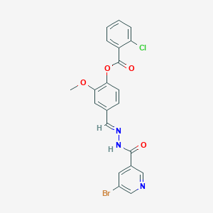 molecular formula C21H15BrClN3O4 B11537174 4-[(E)-{2-[(5-bromopyridin-3-yl)carbonyl]hydrazinylidene}methyl]-2-methoxyphenyl 2-chlorobenzoate 