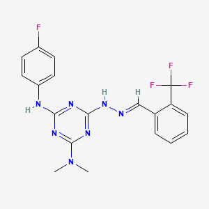 molecular formula C19H17F4N7 B11537985 N'-(4-fluorophenyl)-N,N-dimethyl-6-{(2E)-2-[2-(trifluoromethyl)benzylidene]hydrazinyl}-1,3,5-triazine-2,4-diamine 