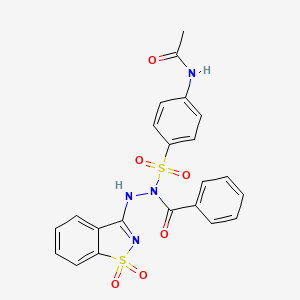 molecular formula C22H18N4O6S2 B11538517 N-(4-{[2-(1,1-dioxido-1,2-benzothiazol-3-yl)-1-(phenylcarbonyl)hydrazinyl]sulfonyl}phenyl)acetamide 