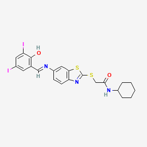molecular formula C22H21I2N3O2S2 B11539130 N-cyclohexyl-2-[(6-{[(E)-(2-hydroxy-3,5-diiodophenyl)methylidene]amino}-1,3-benzothiazol-2-yl)sulfanyl]acetamide 