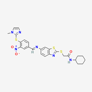 molecular formula C26H26N6O3S3 B11539489 N-cyclohexyl-2-[(6-{[(E)-{4-[(1-methyl-1H-imidazol-2-yl)sulfanyl]-3-nitrophenyl}methylidene]amino}-1,3-benzothiazol-2-yl)sulfanyl]acetamide 