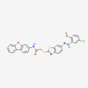 molecular formula C28H18ClN3O3S2 B11539701 2-[(6-{[(Z)-(5-Chloro-2-hydroxyphenyl)methylene]amino}-1,3-benzothiazol-2-YL)sulfanyl]-N-(dibenzo[B,D]furan-3-YL)acetamide 