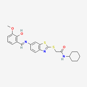 molecular formula C23H25N3O3S2 B11539746 N-cyclohexyl-2-[(6-{[(E)-(2-hydroxy-3-methoxyphenyl)methylidene]amino}-1,3-benzothiazol-2-yl)sulfanyl]acetamide 