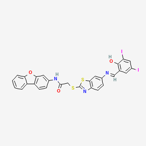 molecular formula C28H17I2N3O3S2 B11539820 N-(dibenzo[b,d]furan-3-yl)-2-[(6-{[(Z)-(2-hydroxy-3,5-diiodophenyl)methylidene]amino}-1,3-benzothiazol-2-yl)sulfanyl]acetamide 