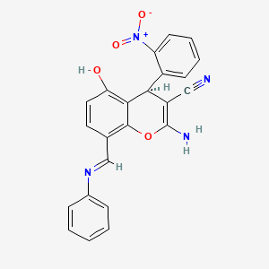 molecular formula C23H16N4O4 B11539930 (4R)-2-amino-5-hydroxy-4-(2-nitrophenyl)-8-[(Z)-(phenylimino)methyl]-4H-chromene-3-carbonitrile 