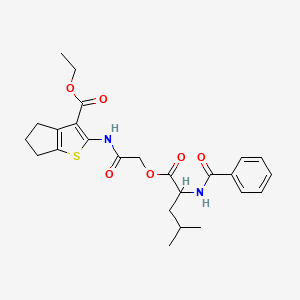 molecular formula C25H30N2O6S B11540115 ethyl 2-[({[N-(phenylcarbonyl)leucyl]oxy}acetyl)amino]-5,6-dihydro-4H-cyclopenta[b]thiophene-3-carboxylate 