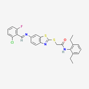 molecular formula C26H23ClFN3OS2 B11540150 2-[(6-{[(E)-(2-chloro-6-fluorophenyl)methylidene]amino}-1,3-benzothiazol-2-yl)sulfanyl]-N-(2,6-diethylphenyl)acetamide 