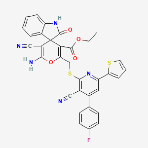 molecular formula C33H22FN5O4S2 B11540793 Ethyl 2'-amino-3'-cyano-6'-({[3-cyano-4-(4-fluorophenyl)-6-(thiophen-2-YL)pyridin-2-YL]sulfanyl}methyl)-2-oxo-1,2-dihydrospiro[indole-3,4'-pyran]-5'-carboxylate 