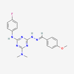 molecular formula C19H20FN7O B11540831 N'-(4-fluorophenyl)-6-[(2E)-2-(4-methoxybenzylidene)hydrazinyl]-N,N-dimethyl-1,3,5-triazine-2,4-diamine 