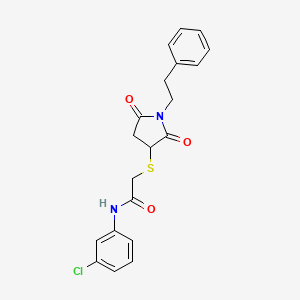 molecular formula C20H19ClN2O3S B11541268 N-(3-chlorophenyl)-2-{[2,5-dioxo-1-(2-phenylethyl)pyrrolidin-3-yl]sulfanyl}acetamide 