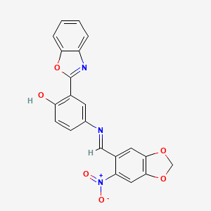 molecular formula C21H13N3O6 B11541494 2-(1,3-benzoxazol-2-yl)-4-{[(E)-(6-nitro-1,3-benzodioxol-5-yl)methylidene]amino}phenol 