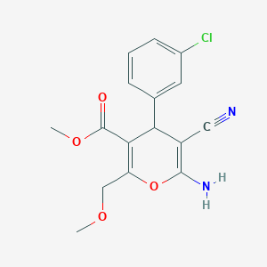 molecular formula C16H15ClN2O4 B11541564 methyl 6-amino-4-(3-chlorophenyl)-5-cyano-2-(methoxymethyl)-4H-pyran-3-carboxylate 