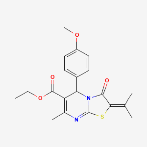 molecular formula C20H22N2O4S B11541721 ethyl 5-(4-methoxyphenyl)-7-methyl-3-oxo-2-(propan-2-ylidene)-2,3-dihydro-5H-[1,3]thiazolo[3,2-a]pyrimidine-6-carboxylate 