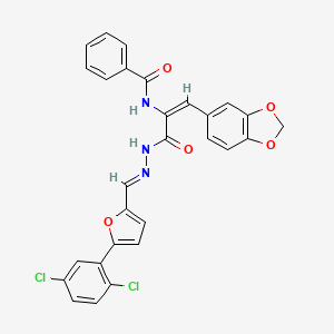 molecular formula C28H19Cl2N3O5 B11542299 N-{(1E)-1-(1,3-benzodioxol-5-yl)-3-[(2E)-2-{[5-(2,5-dichlorophenyl)furan-2-yl]methylidene}hydrazinyl]-3-oxoprop-1-en-2-yl}benzamide 