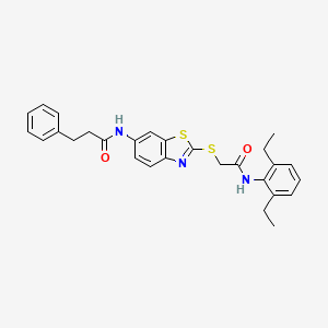 molecular formula C28H29N3O2S2 B11542633 N-[2-({2-[(2,6-diethylphenyl)amino]-2-oxoethyl}sulfanyl)-1,3-benzothiazol-6-yl]-3-phenylpropanamide 