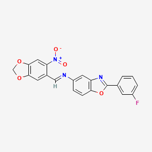 molecular formula C21H12FN3O5 B11542969 2-(3-fluorophenyl)-N-[(E)-(6-nitro-1,3-benzodioxol-5-yl)methylidene]-1,3-benzoxazol-5-amine 