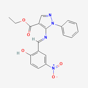 molecular formula C19H16N4O5 B11543135 ethyl 5-{[(E)-(2-hydroxy-5-nitrophenyl)methylidene]amino}-1-phenyl-1H-pyrazole-4-carboxylate 