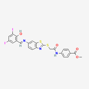 molecular formula C24H17I2N3O4S2 B11543252 methyl 4-({[(6-{[(E)-(2-hydroxy-3,5-diiodophenyl)methylidene]amino}-1,3-benzothiazol-2-yl)sulfanyl]acetyl}amino)benzoate 